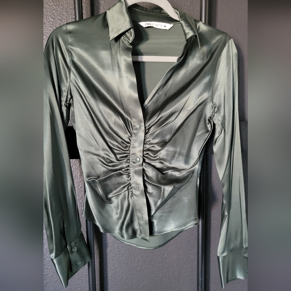 Zara Satin Ruched Blouse in Deep Green